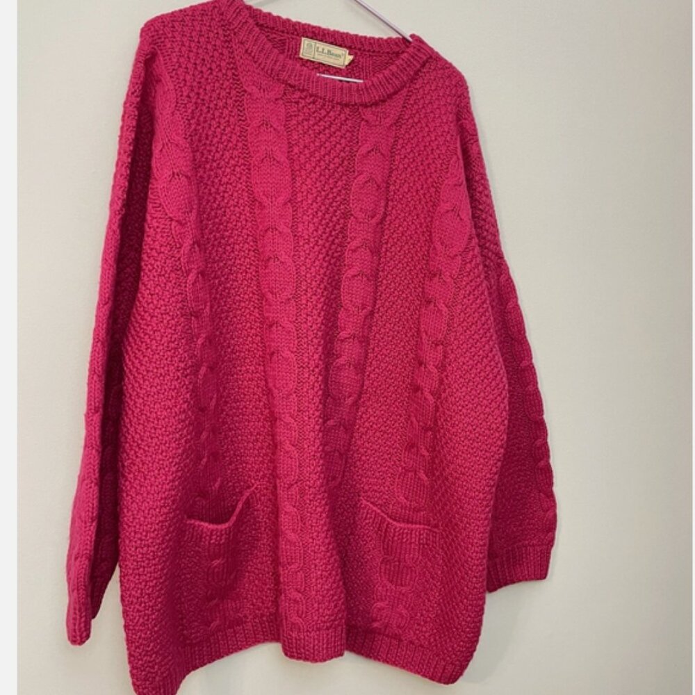 LL Bean Wool Sweater XL Cable Knit Heavy Fisherman ~ Pockets Beautiful & WARM!